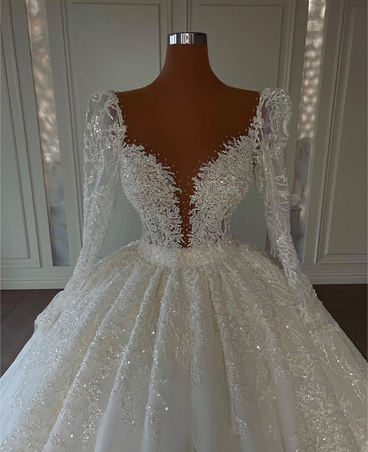 Vestidos de novia de lujo de princesa, corte A, escote en V, encaje y mangas largas