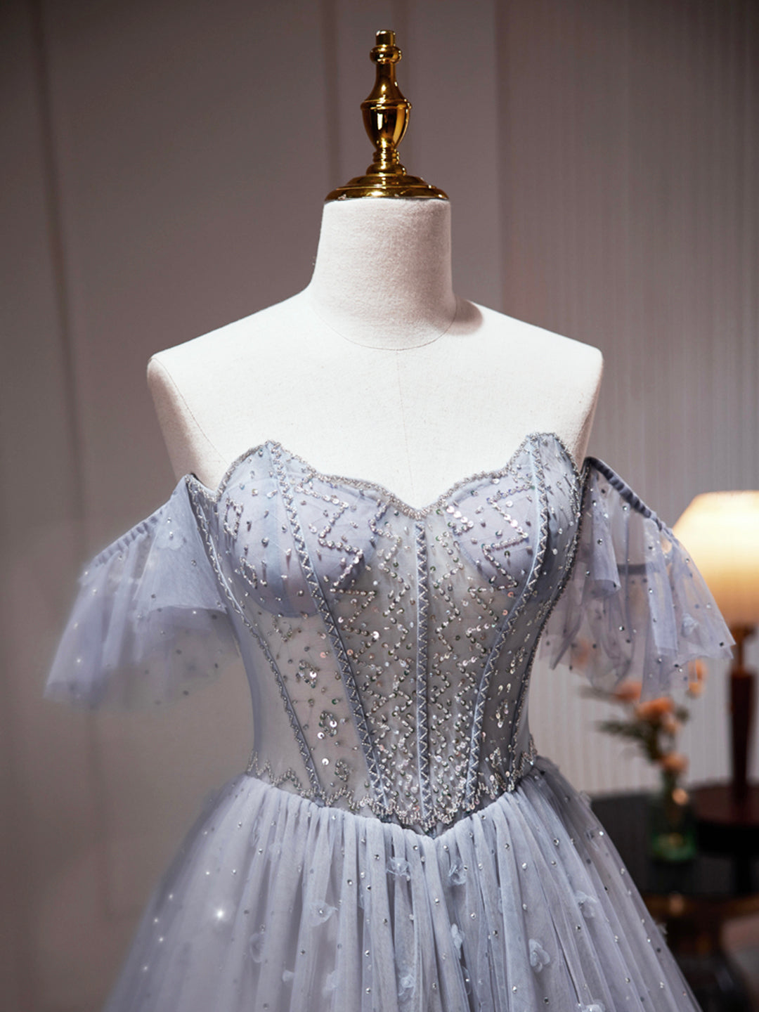 | Gray Tulle Off Shoulder Beaded Party Dress, A-Line Tulle Formal Dress Prom Dress