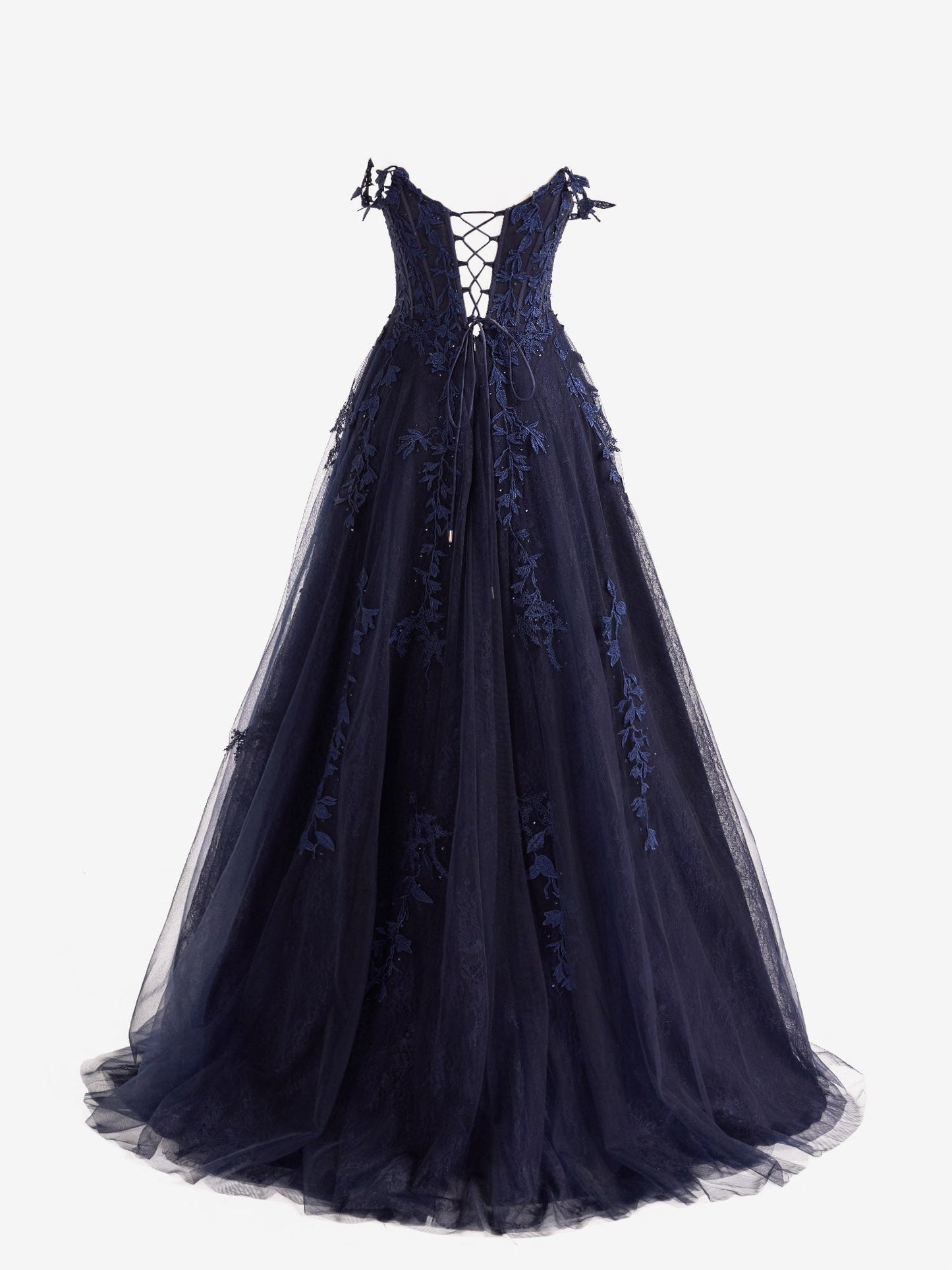 Mariana | Marineblaues A-Linien-Ballkleid aus Spitzentüll mit herzförmigem Ausschnitt und Schlitz