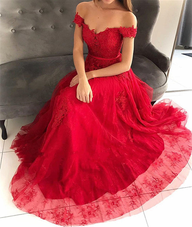 Wunderschönes, schulterfreies, langes Ballkleid aus Tüllspitze in A-Linie