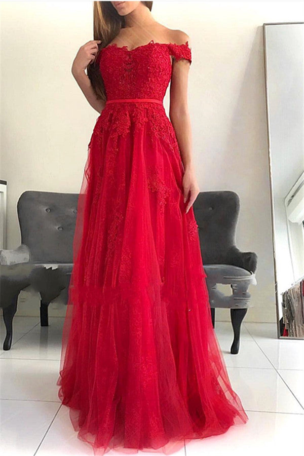 Wunderschönes, schulterfreies, langes Ballkleid aus Tüllspitze in A-Linie