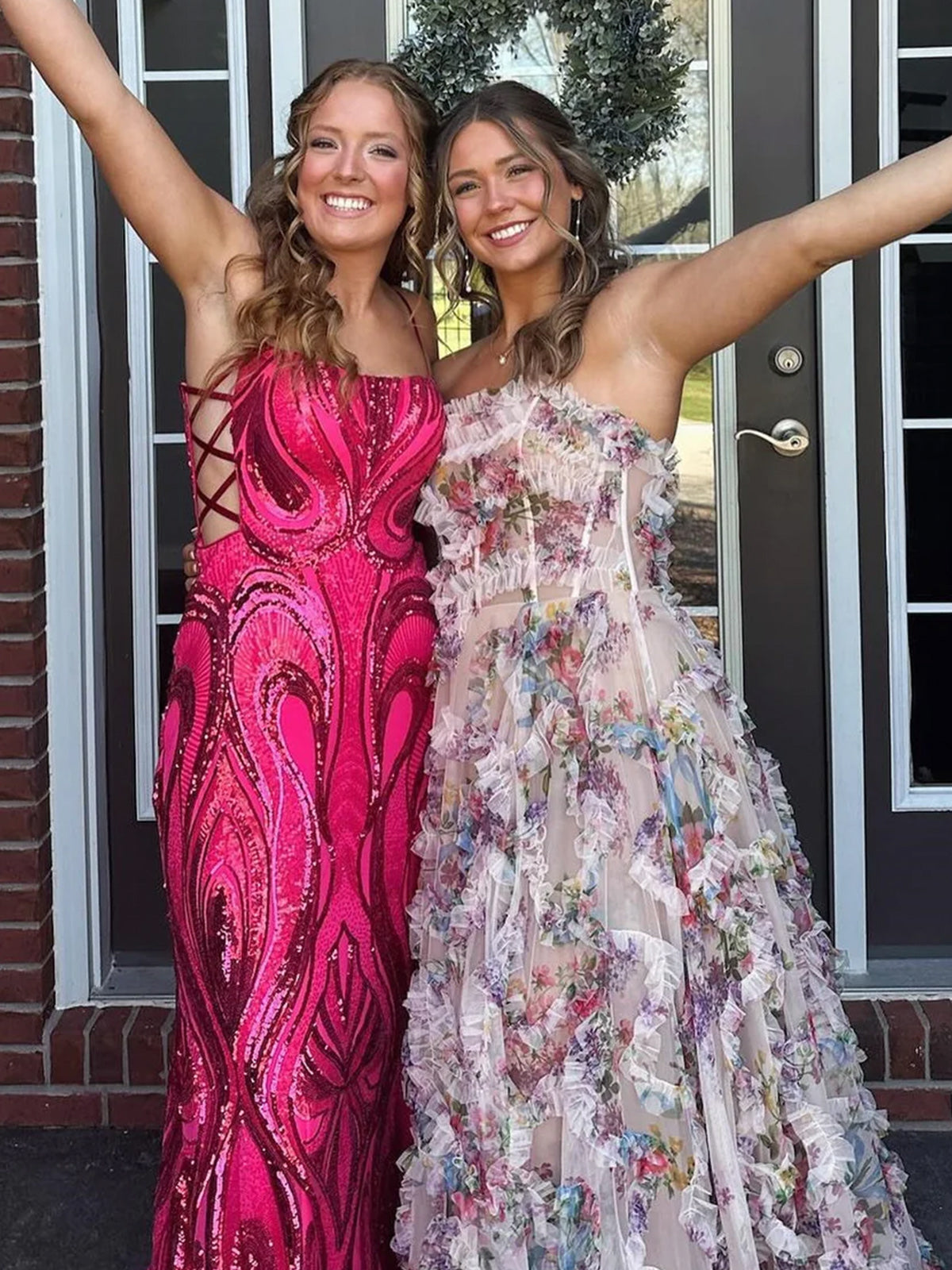 Maud | A-Line Strapless Floral Print Ruffle Long Prom Dress with Slit