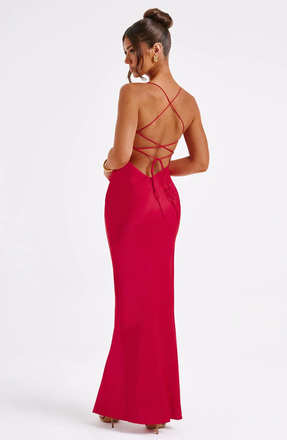 Satin Maxi Dress Cross Over Straps with A Self Tie Fastening SYP178