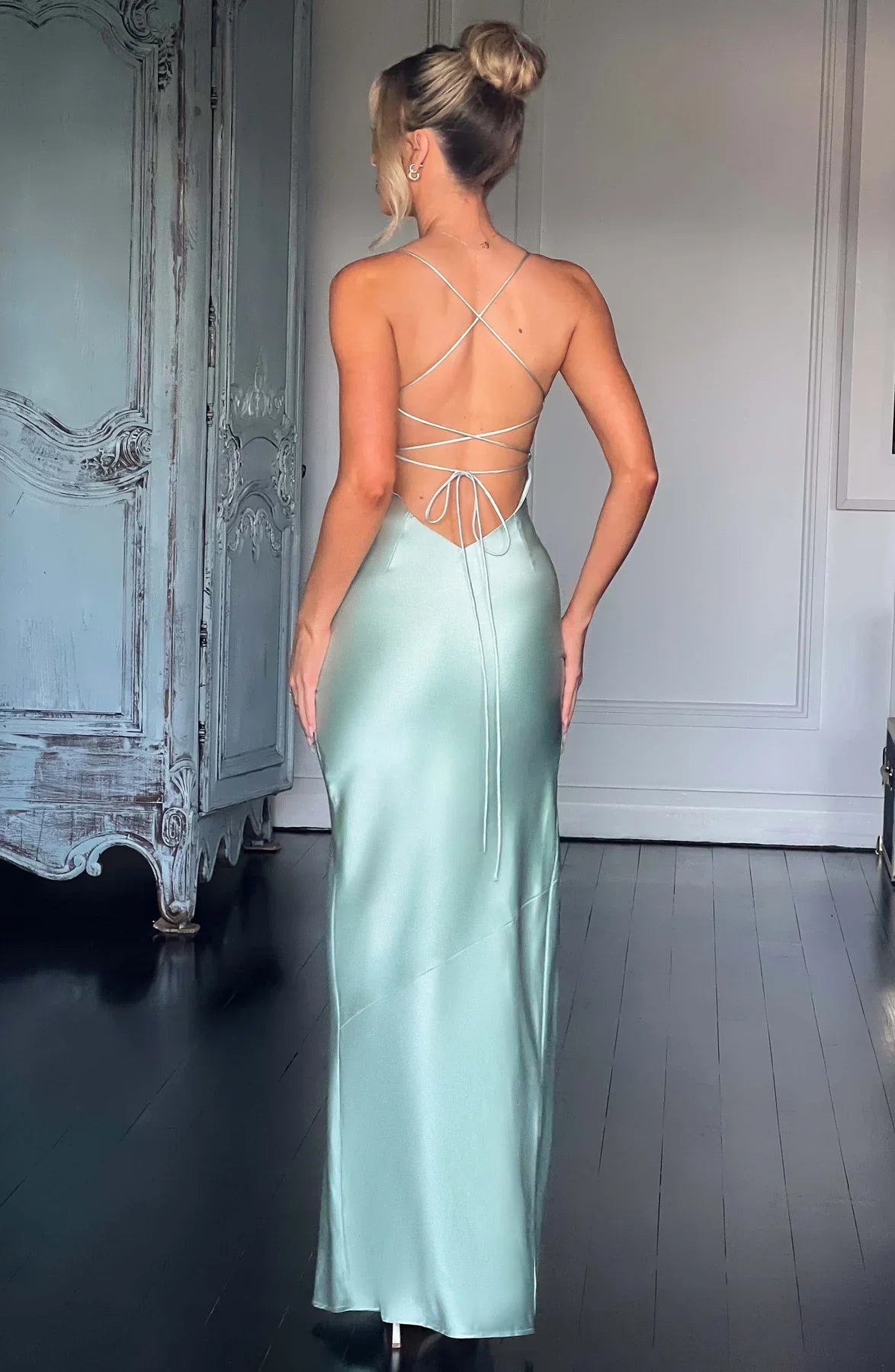 Satin Maxi Dress Cross Over Straps with A Self Tie Fastening SYP178