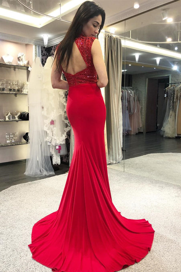 Meerjungfrau Bateau-Ausschnitt Offener Rücken Perlenbesetztes Satin Langes Ballkleid