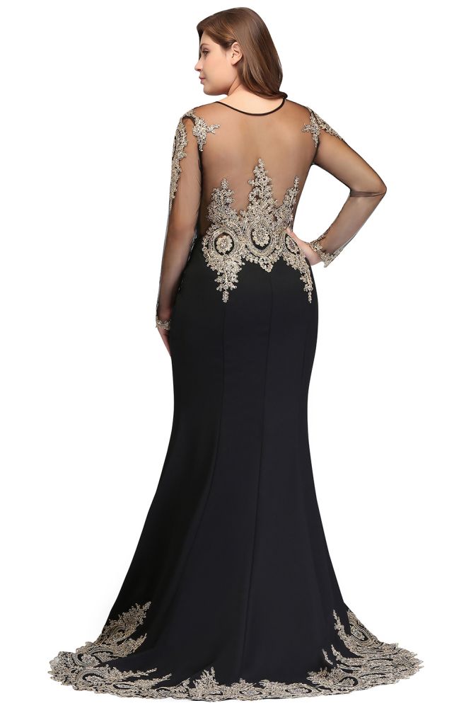 Mermaid Crew Floor Length Plus size Long Sleeves Evening Dresses with Appliques