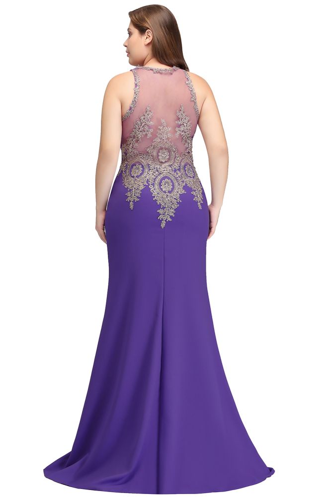 Mermaid Crew Floor Length Sleeveless Plus size Evening Dresses with Appliques