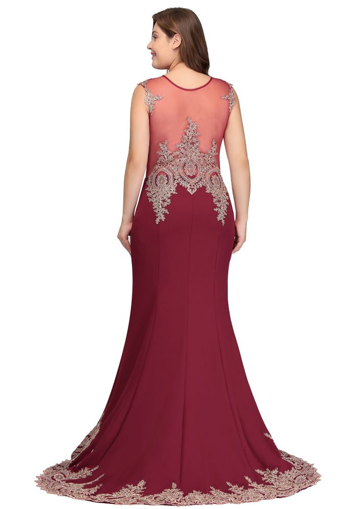 Mermaid Crew Sweep Train Sleeveless Appliques Burgundy Evening Dresses