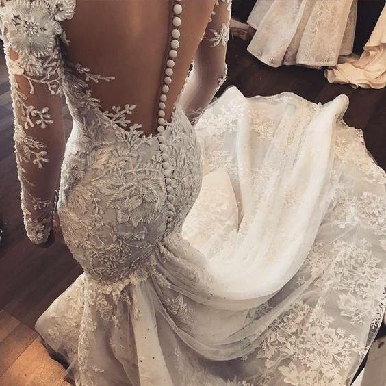 Mermaid Ivory Lace Sweep/Brush Train Scoop Long Sleeve Wedding Dress WD495