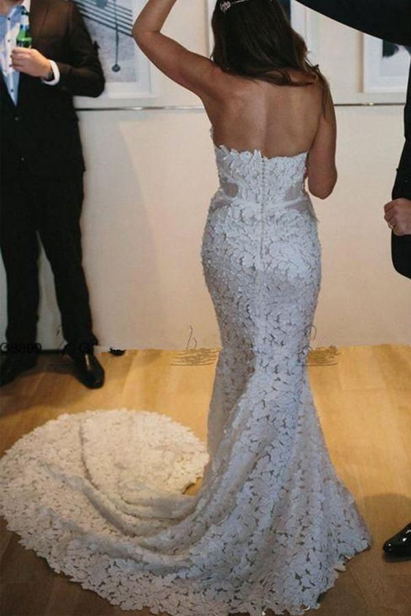 Vestido de novia de sirena con escote corazón, sin mangas, cola larga y abertura WD536
