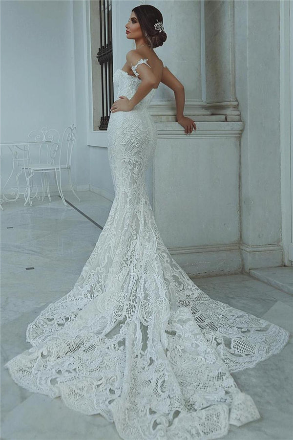 Vestido de novia de encaje de sirena, hermoso vestido de novia con escote corazón, decoraciones en las mangas