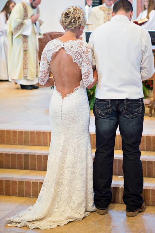 Vestido de novia de corte sirena, espalda abierta, mangas largas y apliques WD004