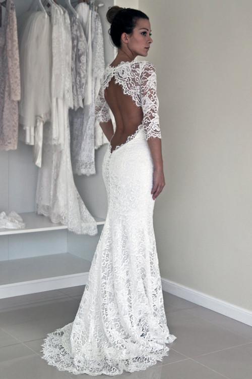 Vestido de novia de corte sirena, espalda abierta, mangas largas y apliques WD004