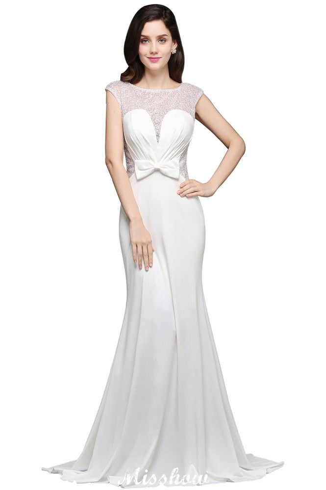 Mermaid Scoop White Chiffon Beadings Evening Dress