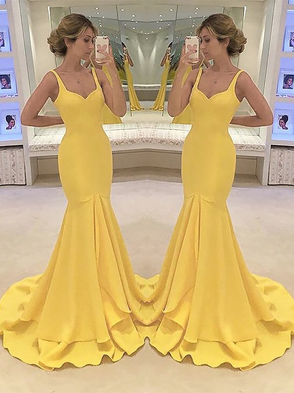 Mermaid Spaghetti Straps Sleeveless With Layers Satin Prom Dresses