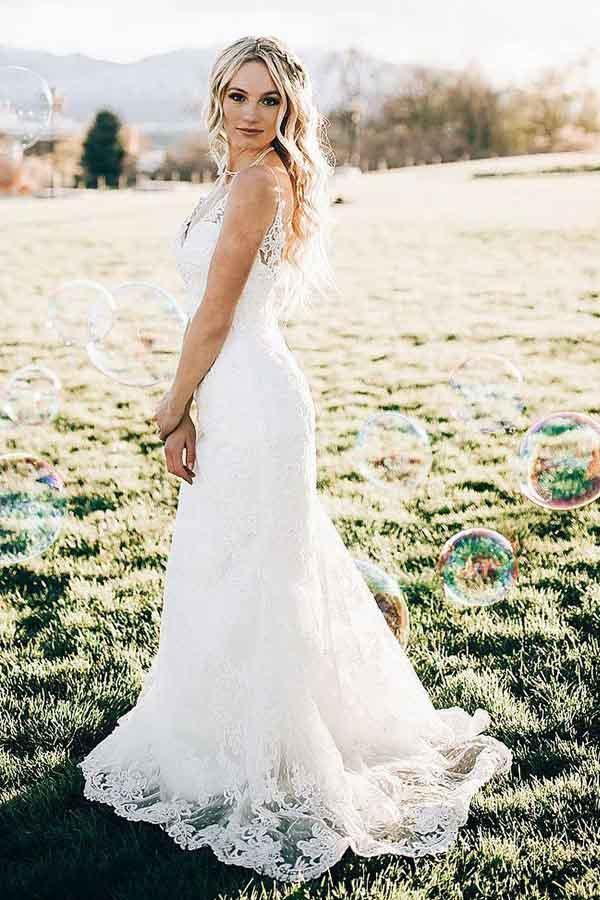 Mermaid V-Neck Sweep Train Sleeveless Lace Wedding Dress WD322