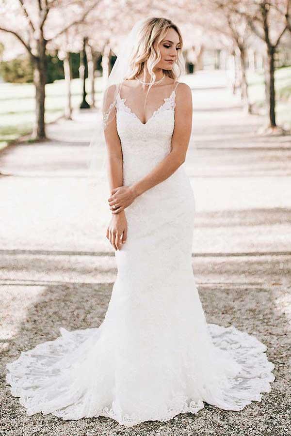 Mermaid V-Neck Sweep Train Sleeveless Lace Wedding Dress WD322
