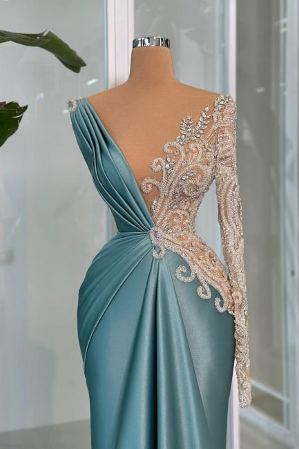 Modernes langes Meerjungfrau-Abendkleid mit V-Ausschnitt, Spitze, Strasssteinen und Satin