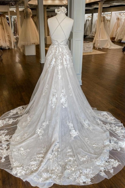 Moderne Spaghettiträger A-Linie Brautkleider mit Spitze