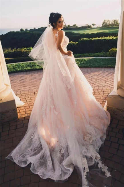 Modern V-neck Sleeveless A-line Wedding Dresses With Lace