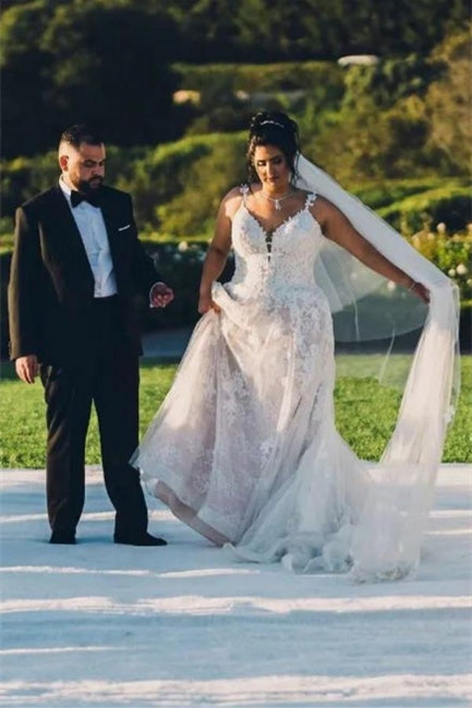 Modern V-neck Sleeveless A-line Wedding Dresses With Lace
