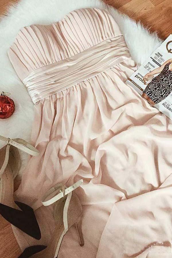 Modest Strapless Ruched Bridesmaid Dress Chiffon Formal Dresses BD074