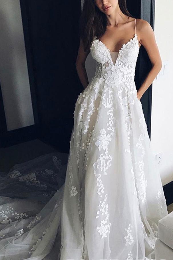 Deep V Neck Spaghetti Straps Beach Wedding Dress Bridal Gown WD556