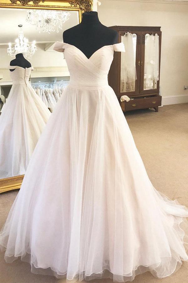 Off the Shoulder A-Line Ivory Wedding Dress with Pleats WD418