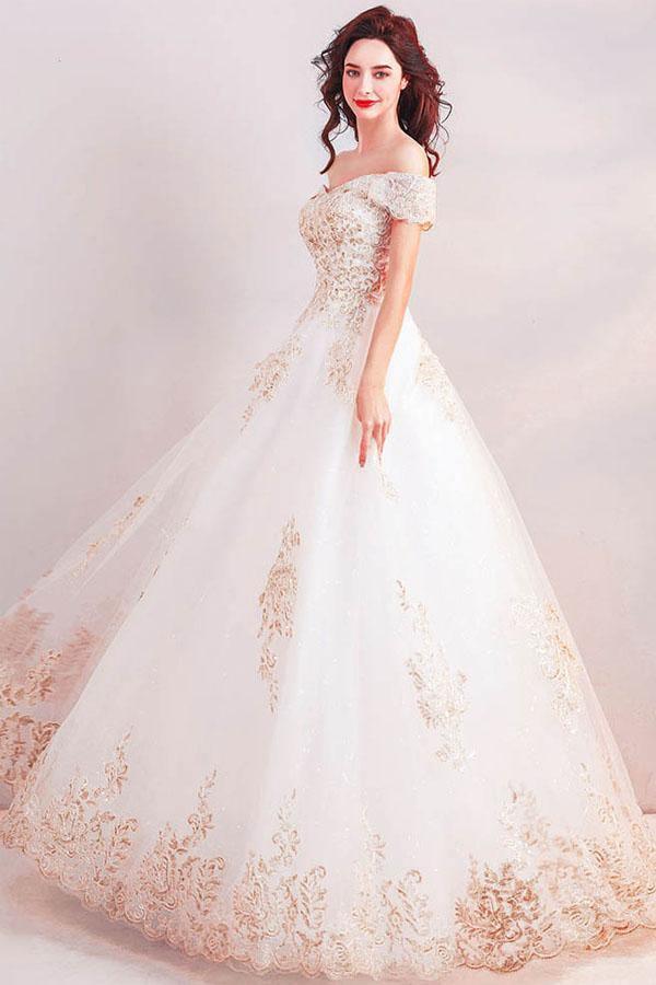 Off the Shoulder Ball Gown Long Wedding Dress with Gold Appliques WD368