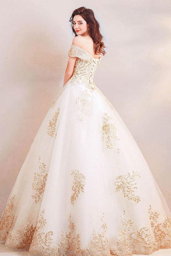 Off the Shoulder Ball Gown Long Wedding Dress with Gold Appliques WD368
