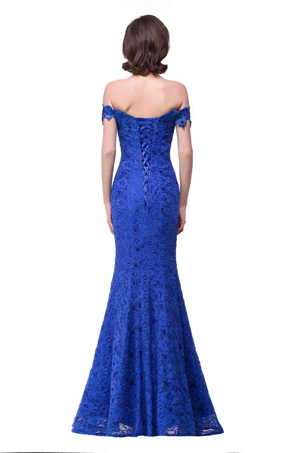 Vestidos de dama de honor de sirena con encaje y hombros descubiertos hasta el suelo