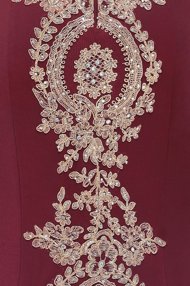 Schulterfreies Abendkleid mit goldenen Applikationen im Meerjungfrau-Stil, schmales Ballkleid