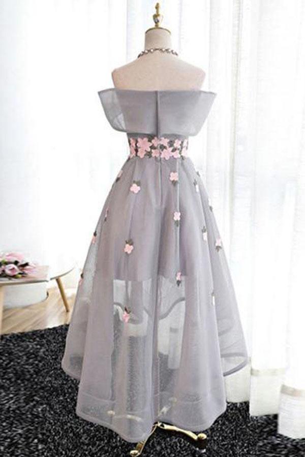 Off-the-Shoulder High Low Grey Tulle Homecoming Dress With Appliques PD243