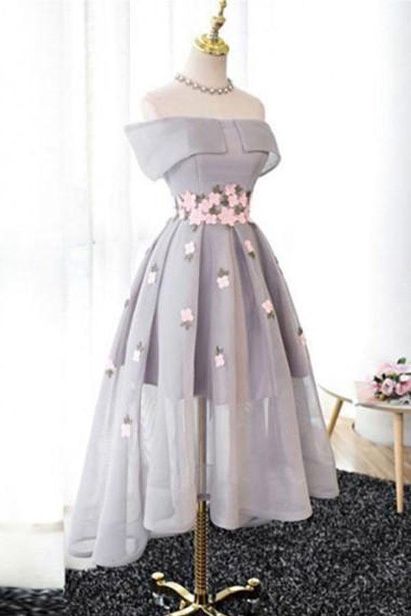 Off-the-Shoulder High Low Grey Tulle Homecoming Dress With Appliques PD243