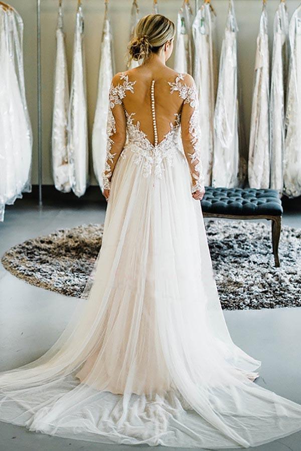 Vestido de novia largo con cola y mangas largas y hombros descubiertos WD415