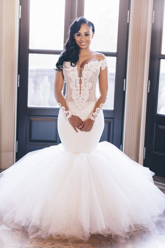 Off-the-Shoulder Meerjungfrau Brautkleid s Neue Ankunft Lange Ärmel Braut trägt