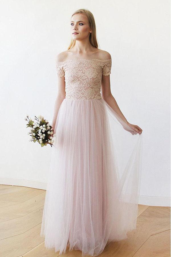 Off the Shoulder Pink Lace and Tulle Long Wedding Dress WD234