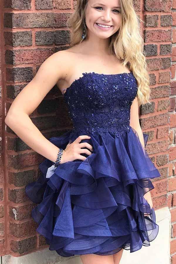 Organza A-Linie Trägerloses Kurzes Ballkleid Marineblaues Homecoming-Kleid PD393