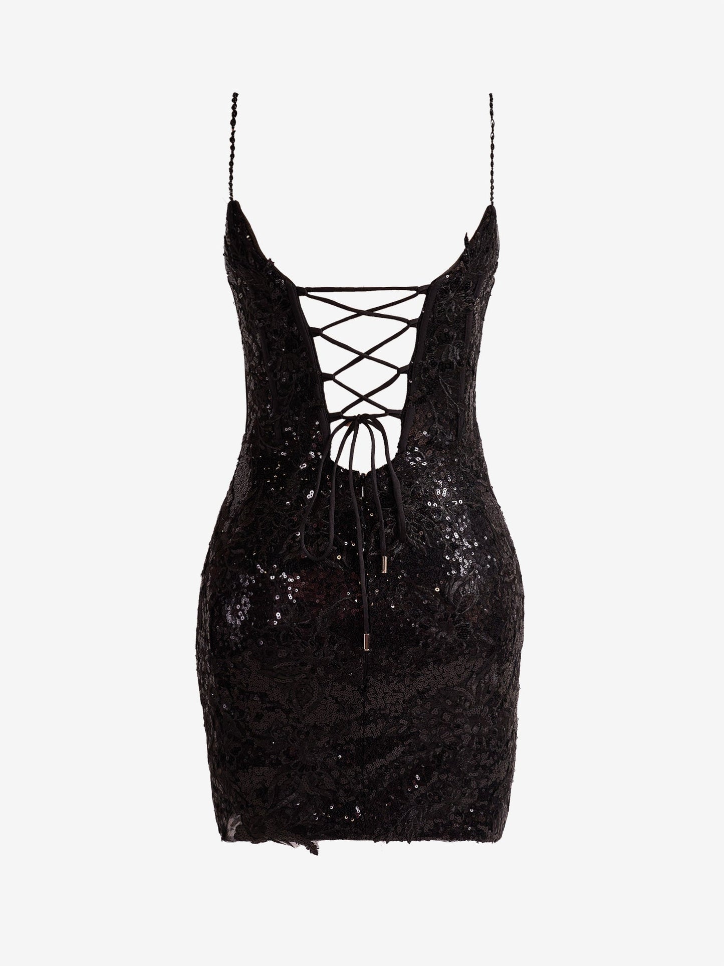 Orla | Vestido de fiesta negro con tirantes finos, lentejuelas y encaje