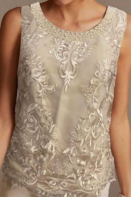 Hosenanzug Mutter der Braut Kleid Bodenlang Chiffon Spitze 3/4 Ärmel