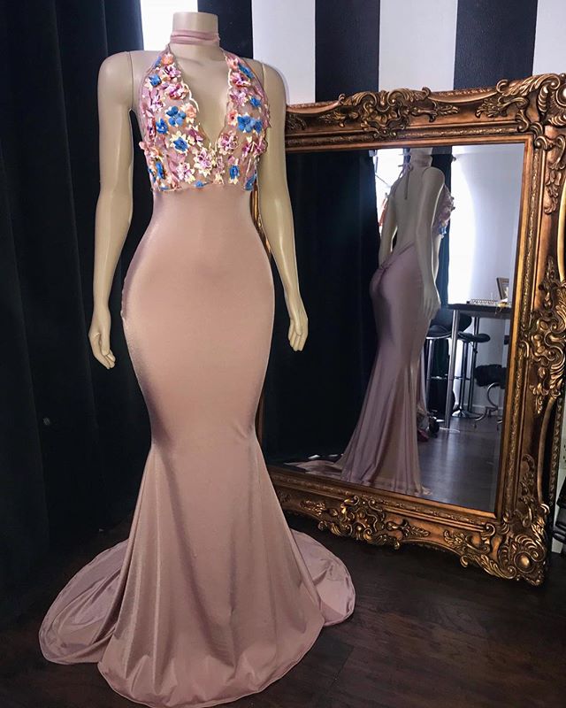 Pink Flowers Appliques Mermaid Long Prom Dresses Glamorous Sleeveless V-Neck Evening Gowns