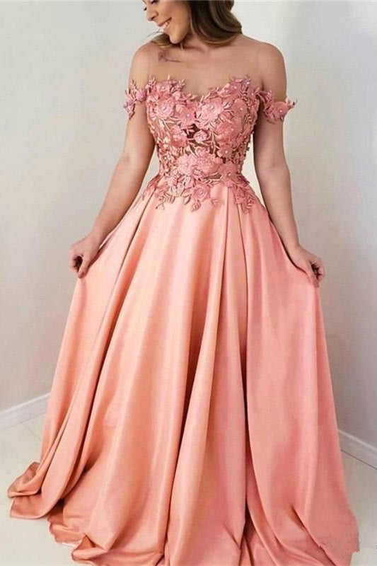 Vestidos de fiesta de corte A con escote en forma de corazón y hombros descubiertos con flores rosas