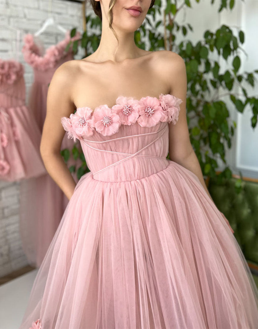 Pandora | Vestido de fiesta princesa sin tirantes rosa claro con flores