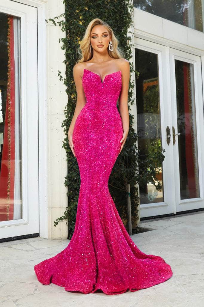 Strapless V-Neck Sequin Gown