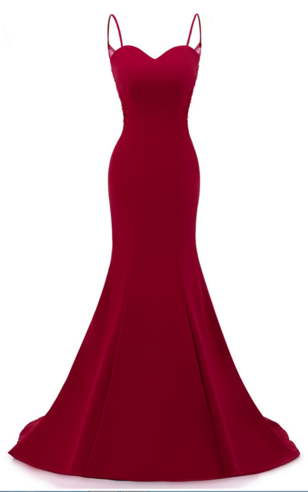 Vestidos de fiesta largos con tirantes rojo oscuro, vestidos de noche de corte sirena, vestidos formales rojo oscuro Y1037