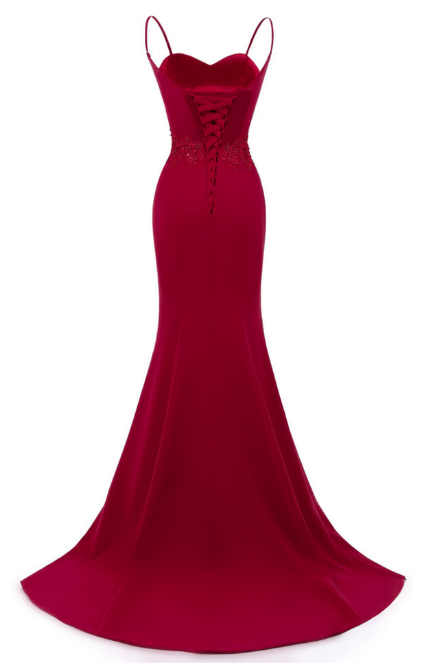 Vestidos de fiesta largos con tirantes rojo oscuro, vestidos de noche de corte sirena, vestidos formales rojo oscuro Y1037
