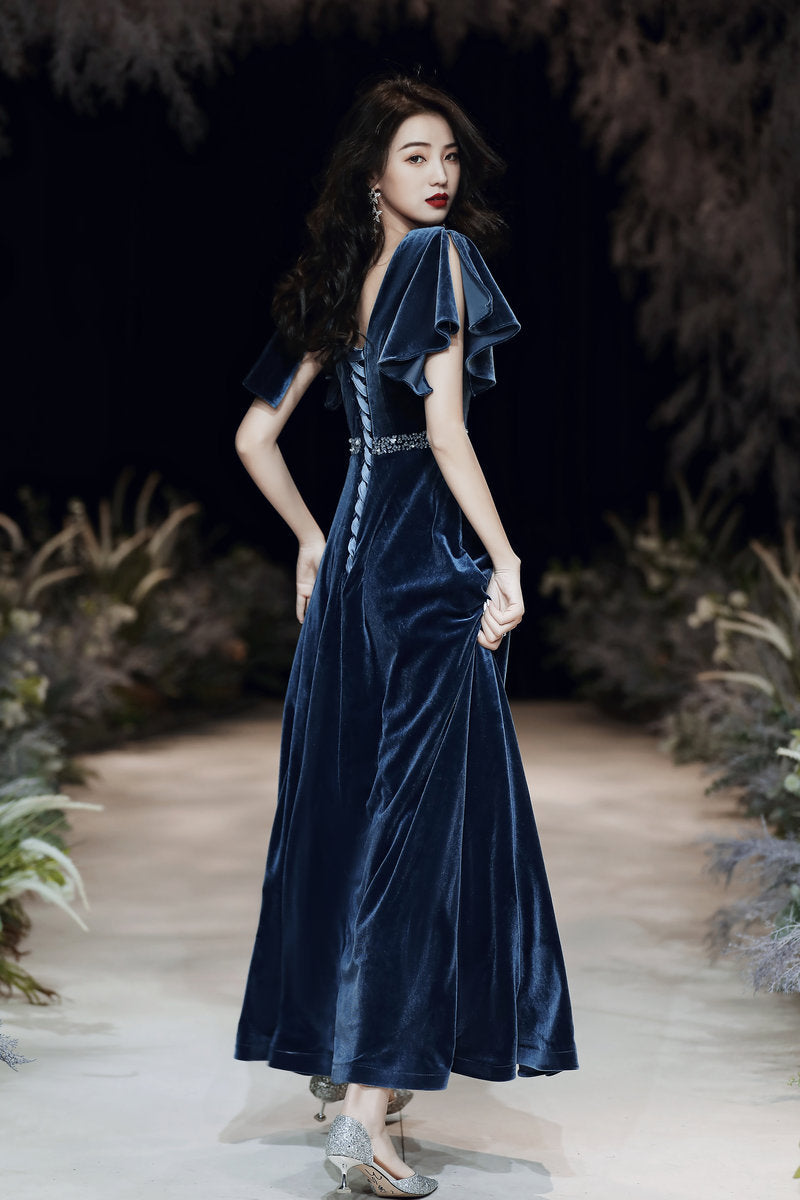 Vestido de noche azul, elegante y a medida, vestido de fiesta sexy de terciopelo, hecho a medida Y1172