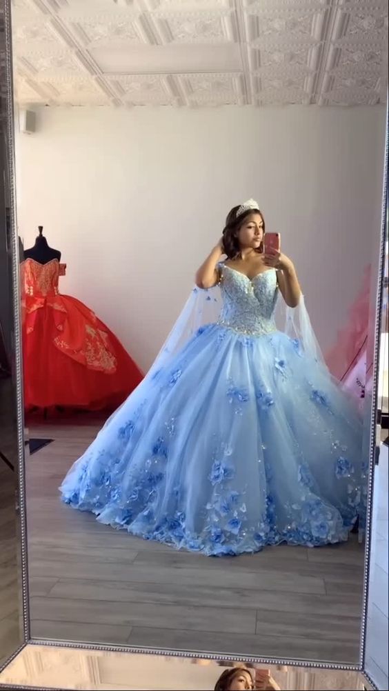 Light Blue Quinceanera Dresses Flowers Ball Gown Off Shoulder Lace Appliques 3d Floral Crystal Beads Long Sleeves Sweet 16 Dress Y759