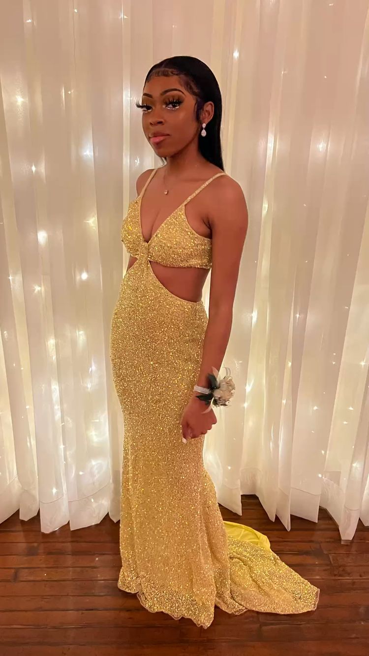 Sparkly Gold Sleeveless Mermaid Evening Dress,Sexy Prom Dress For Black Girls Y813