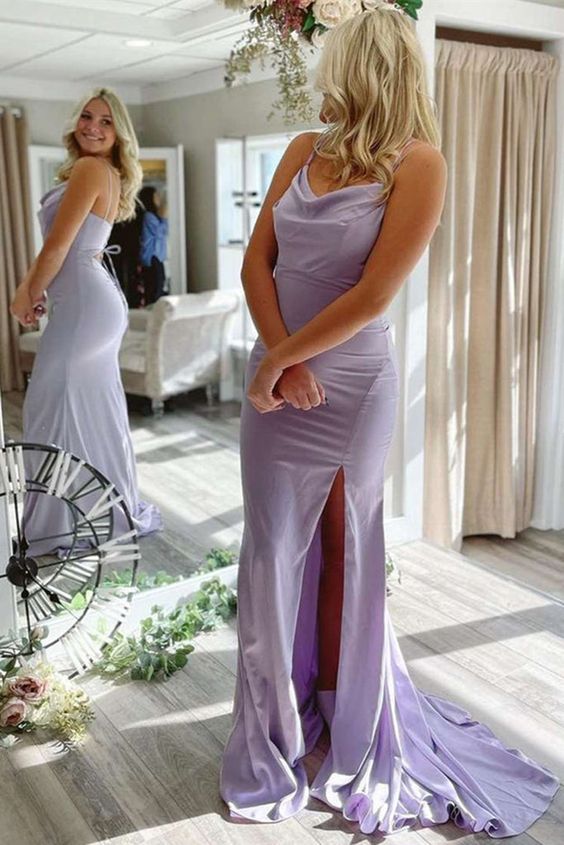 Neue Ankunft Abendkleider Spaghettiträger Lavendel mit Schlitz Satin Ballkleid Y912
